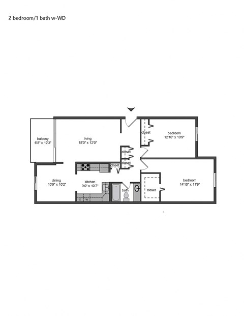 the floor plan of 2 bedroom 1 bath